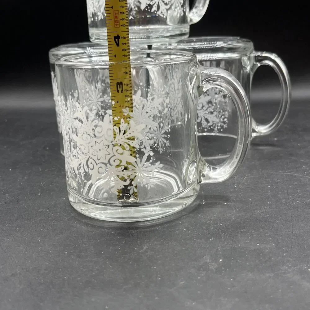 Crate & Barrel Set Of 4 Snowflake White And Clear Glass Mugs Made In USA